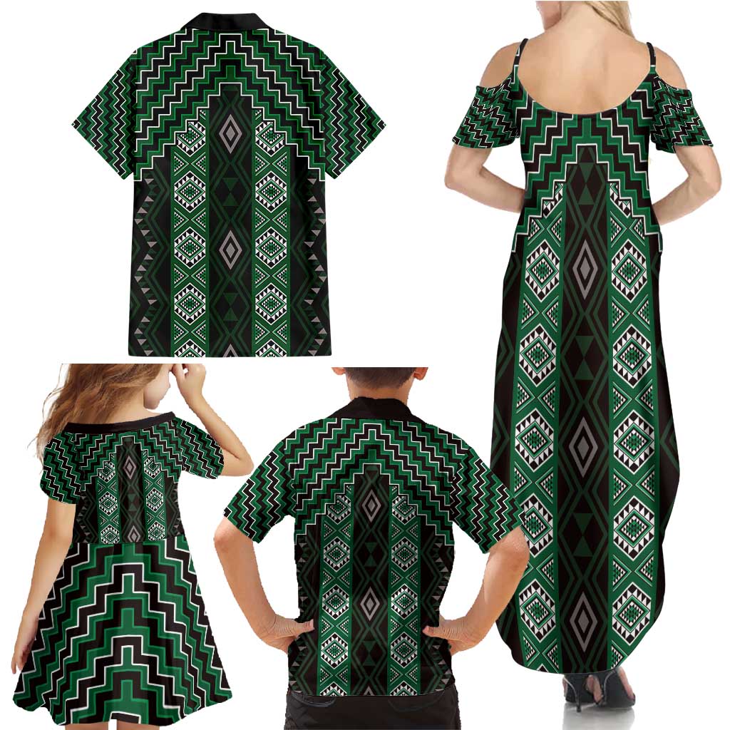 New Zealand Aotearoa Family Matching Summer Maxi Dress and Hawaiian Shirt Green Poutama With Taniko Pattern LT05 - Polynesian Pride