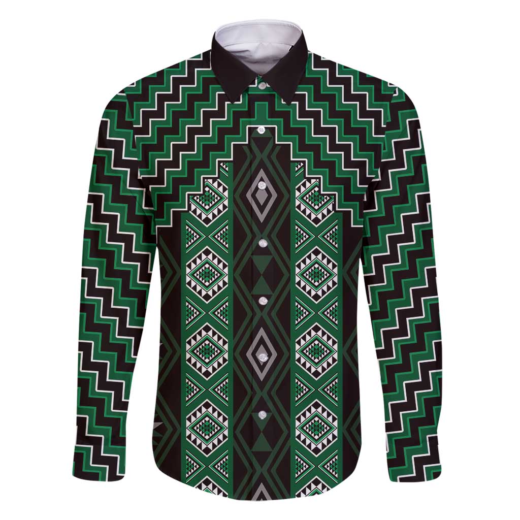 New Zealand Aotearoa Family Matching Summer Maxi Dress and Hawaiian Shirt Green Poutama With Taniko Pattern LT05 Dad's Shirt - Long Sleeve Green - Polynesian Pride