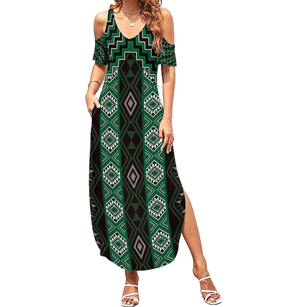 New Zealand Aotearoa Family Matching Summer Maxi Dress and Hawaiian Shirt Green Poutama With Taniko Pattern LT05 Mom's Dress Green - Polynesian Pride