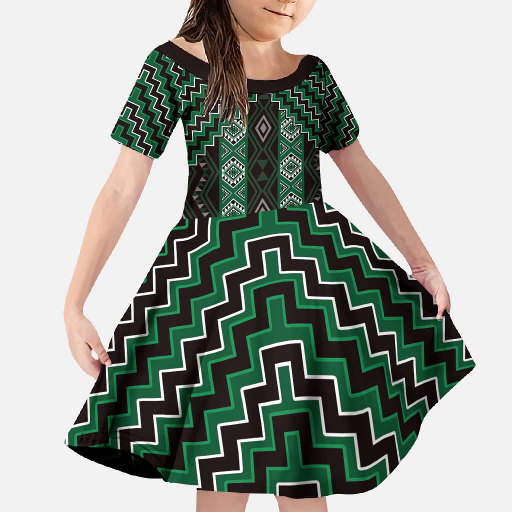 New Zealand Aotearoa Family Matching Tank Maxi Dress and Hawaiian Shirt Green Poutama With Taniko Pattern LT05 Daughter's Dress Green - Polynesian Pride