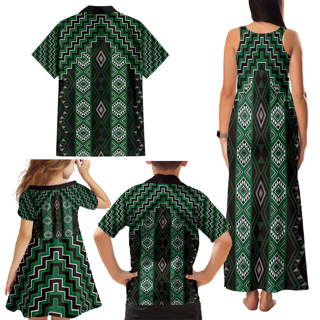 New Zealand Aotearoa Family Matching Tank Maxi Dress and Hawaiian Shirt Green Poutama With Taniko Pattern LT05 - Polynesian Pride