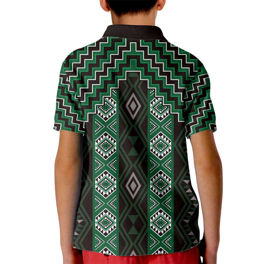New Zealand Aotearoa Kid Polo Shirt Green Poutama With Taniko Pattern LT05