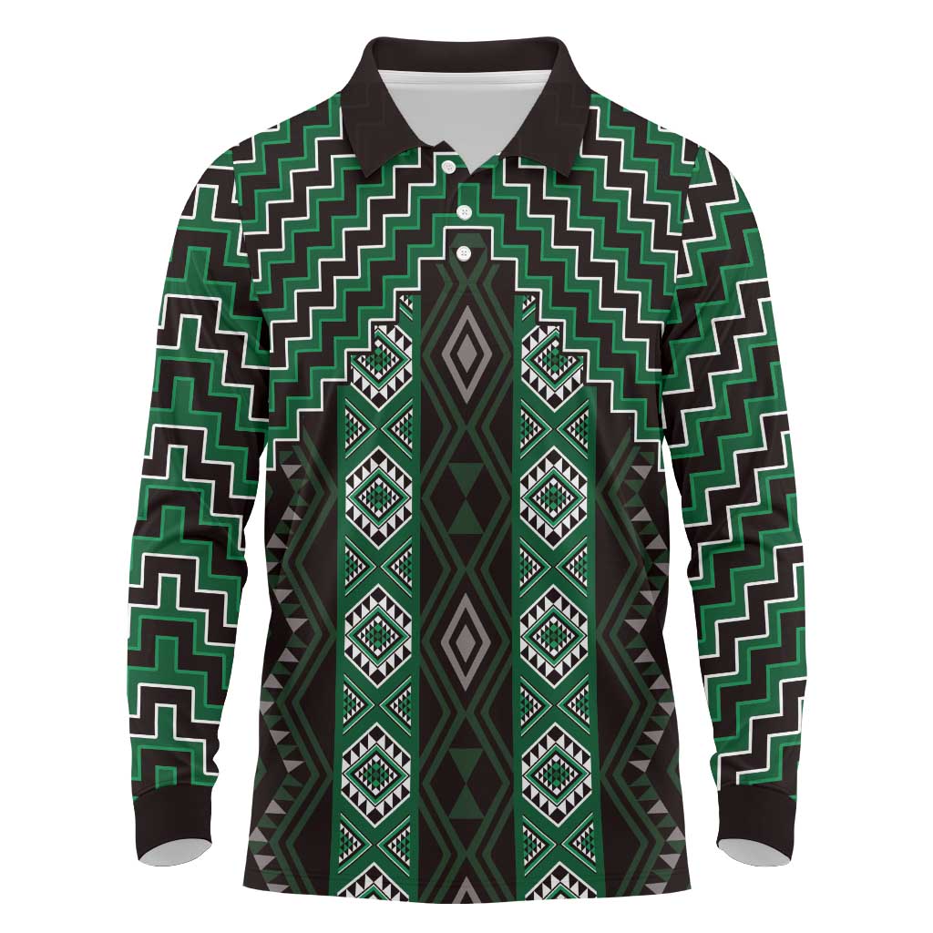 New Zealand Aotearoa Long Sleeve Polo Shirt Green Poutama With Taniko Pattern LT05
