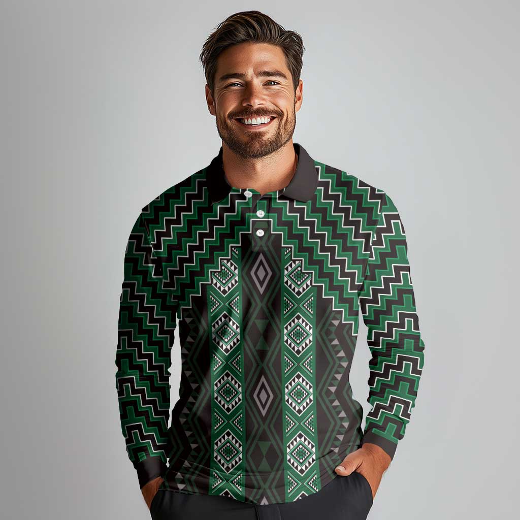 New Zealand Aotearoa Long Sleeve Polo Shirt Green Poutama With Taniko Pattern LT05