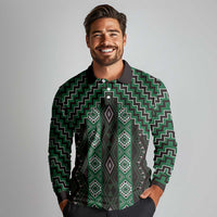 New Zealand Aotearoa Long Sleeve Polo Shirt Green Poutama With Taniko Pattern LT05