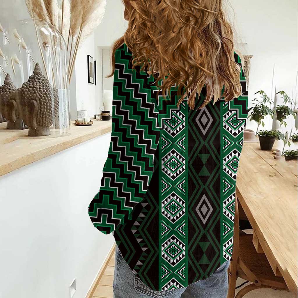 New Zealand Aotearoa Women Casual Shirt Green Poutama With Taniko Pattern LT05