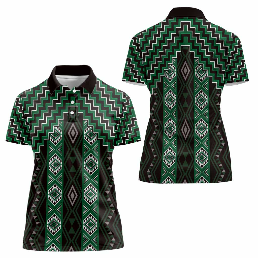 New Zealand Aotearoa Women Polo Shirt Green Poutama With Taniko Pattern LT05 - Polynesian Pride