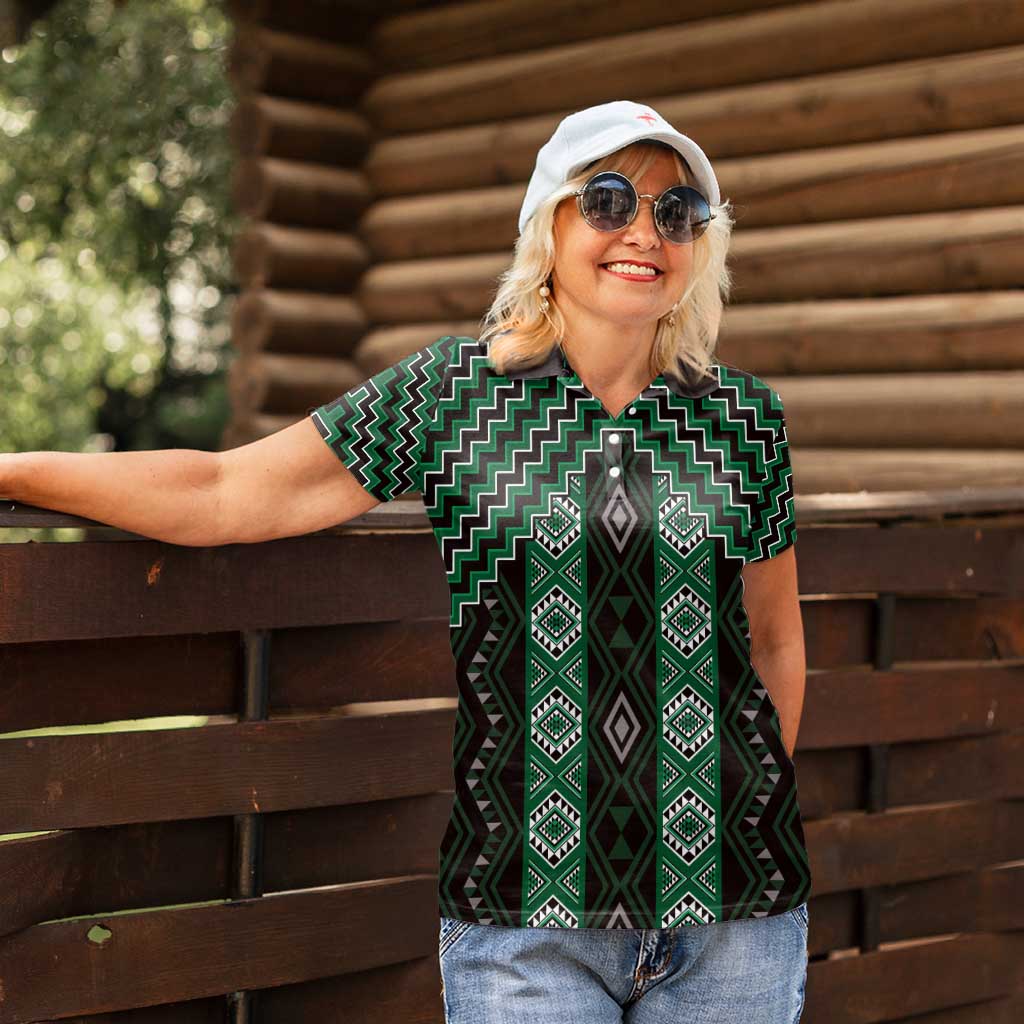 New Zealand Aotearoa Women Polo Shirt Green Poutama With Taniko Pattern LT05 - Polynesian Pride