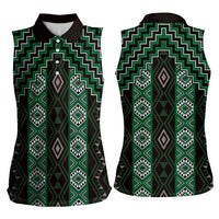 New Zealand Aotearoa Women Sleeveless Polo Shirt Green Poutama With Taniko Pattern LT05