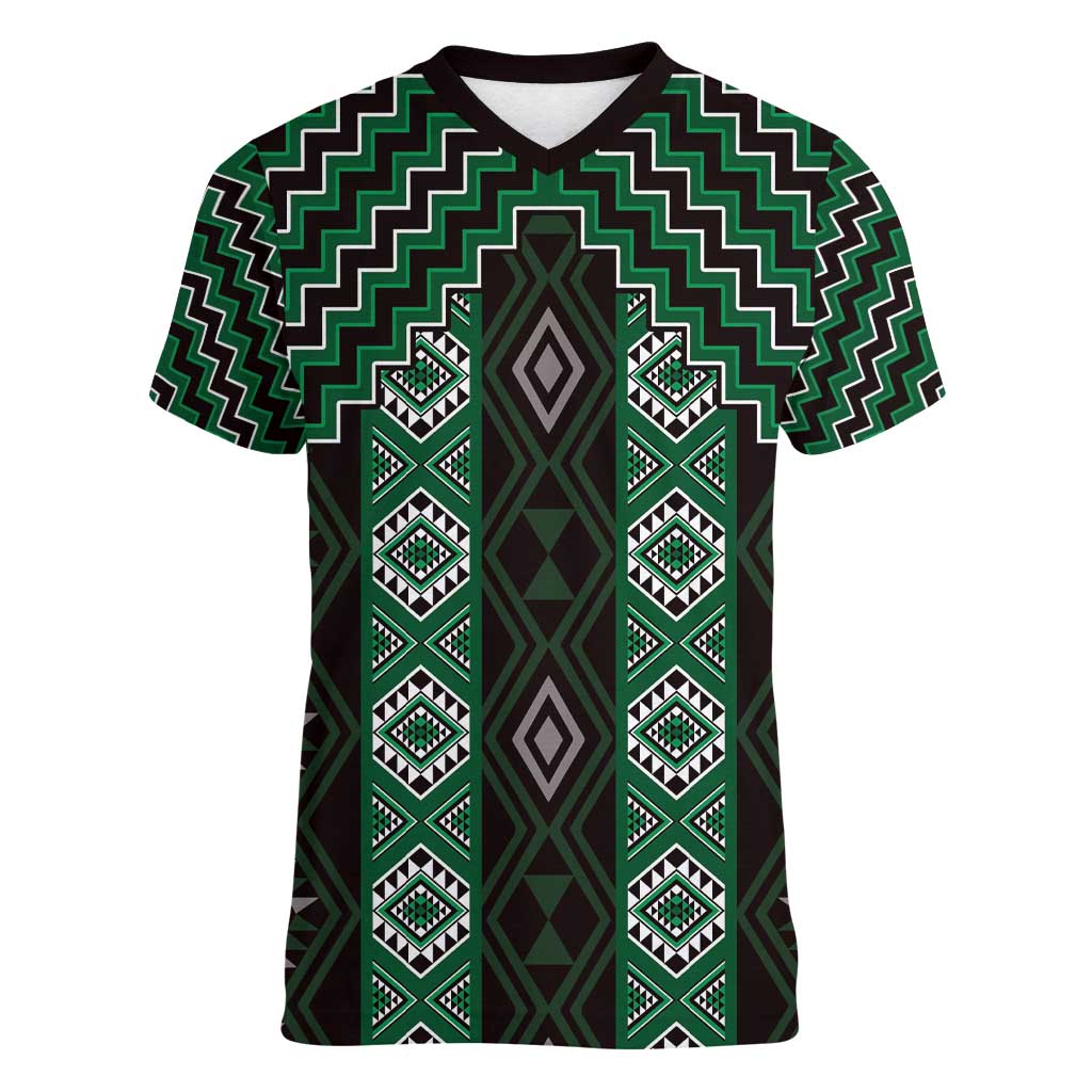 New Zealand Aotearoa Women V-Neck T-Shirt Green Poutama With Taniko Pattern LT05