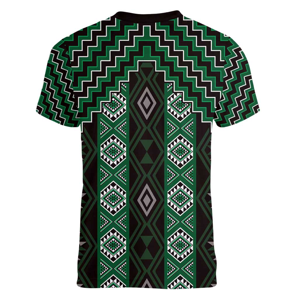 New Zealand Aotearoa Women V-Neck T-Shirt Green Poutama With Taniko Pattern LT05