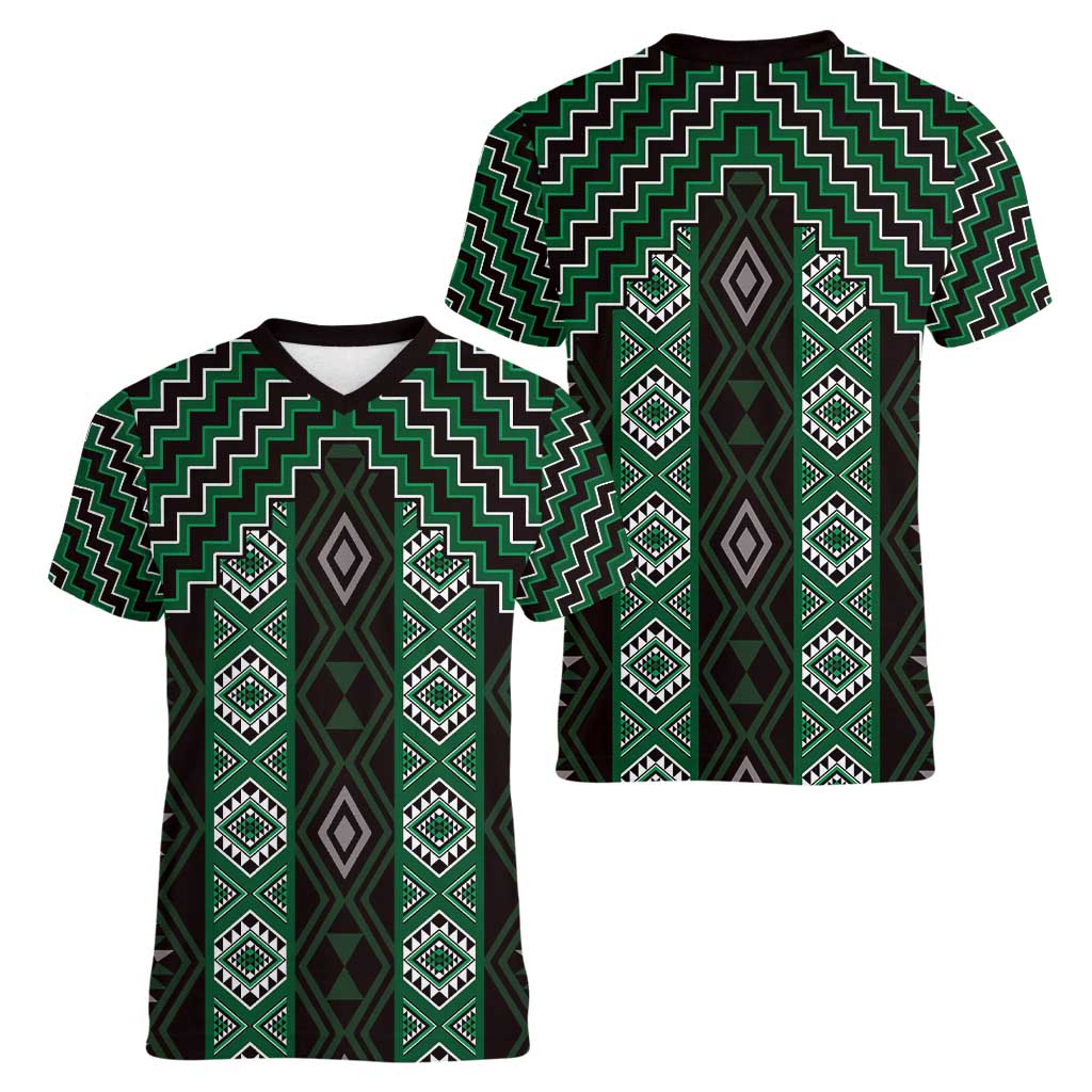 New Zealand Aotearoa Women V-Neck T-Shirt Green Poutama With Taniko Pattern LT05