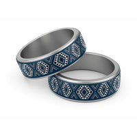 New Zealand Aotearoa Classic Ring Blue Poutama With Taniko Pattern - Polynesian Pride