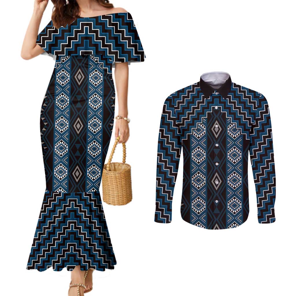 New Zealand Aotearoa Couples Matching Mermaid Dress and Long Sleeve Button Shirt Blue Poutama With Taniko Pattern LT05