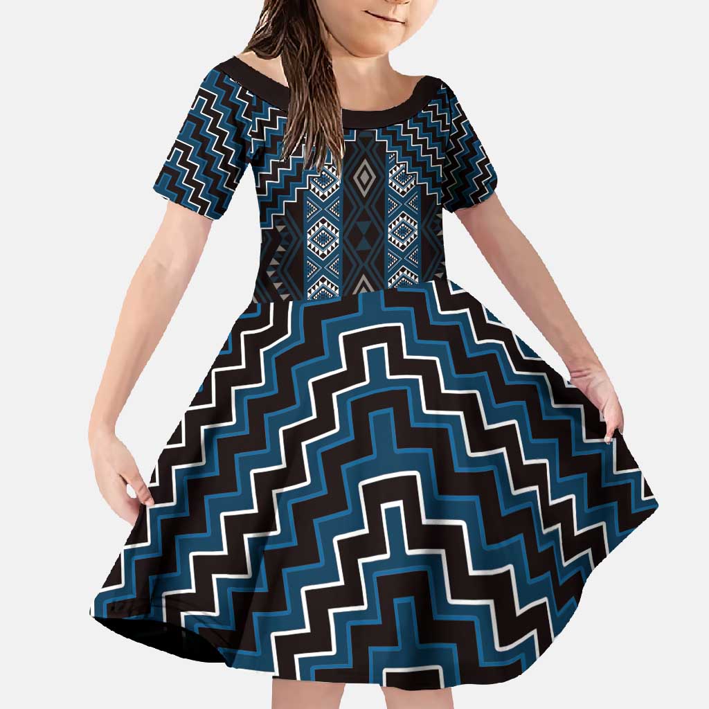 New Zealand Aotearoa Family Matching Mermaid Dress and Hawaiian Shirt Blue Poutama With Taniko Pattern LT05 Daughter's Dress Blue - Polynesian Pride