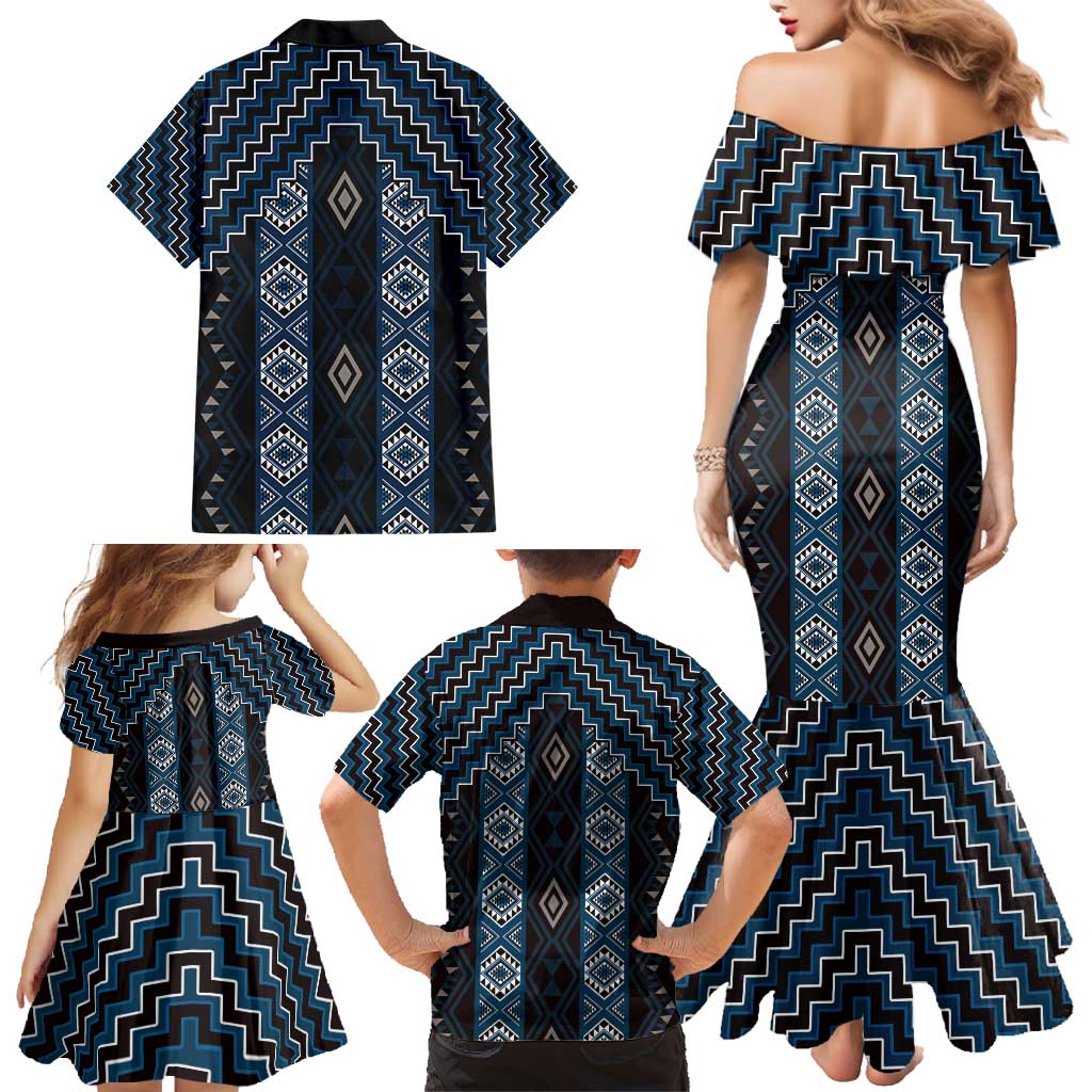 New Zealand Aotearoa Family Matching Mermaid Dress and Hawaiian Shirt Blue Poutama With Taniko Pattern LT05 - Polynesian Pride