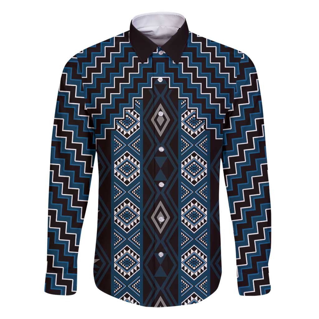 New Zealand Aotearoa Family Matching Mermaid Dress and Hawaiian Shirt Blue Poutama With Taniko Pattern LT05 Dad's Shirt - Long Sleeve Blue - Polynesian Pride