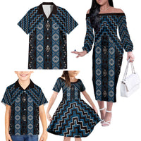 New Zealand Aotearoa Family Matching Off The Shoulder Long Sleeve Dress and Hawaiian Shirt Blue Poutama With Taniko Pattern LT05 - Polynesian Pride