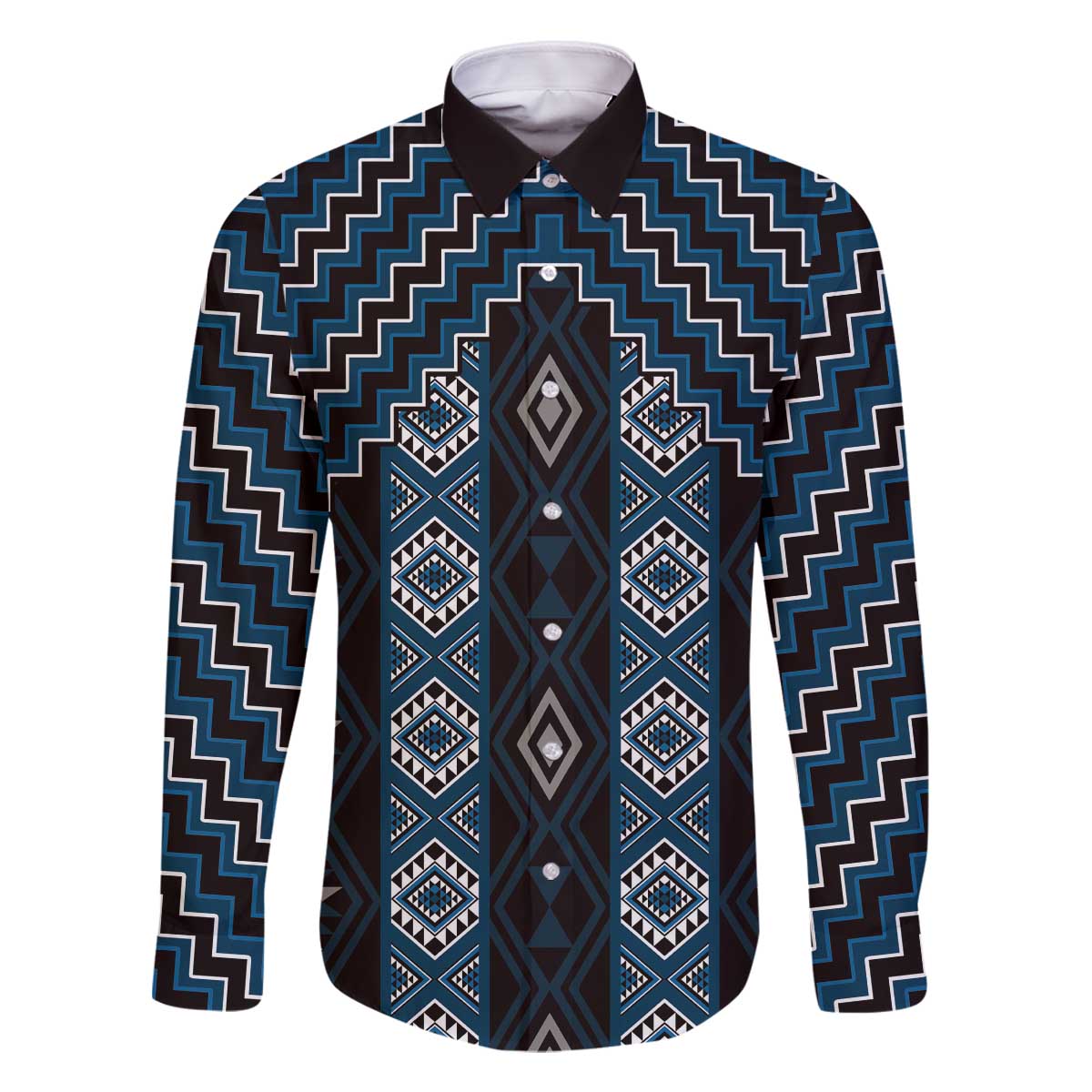 New Zealand Aotearoa Family Matching Off The Shoulder Long Sleeve Dress and Hawaiian Shirt Blue Poutama With Taniko Pattern LT05 Dad's Shirt - Long Sleeve Blue - Polynesian Pride