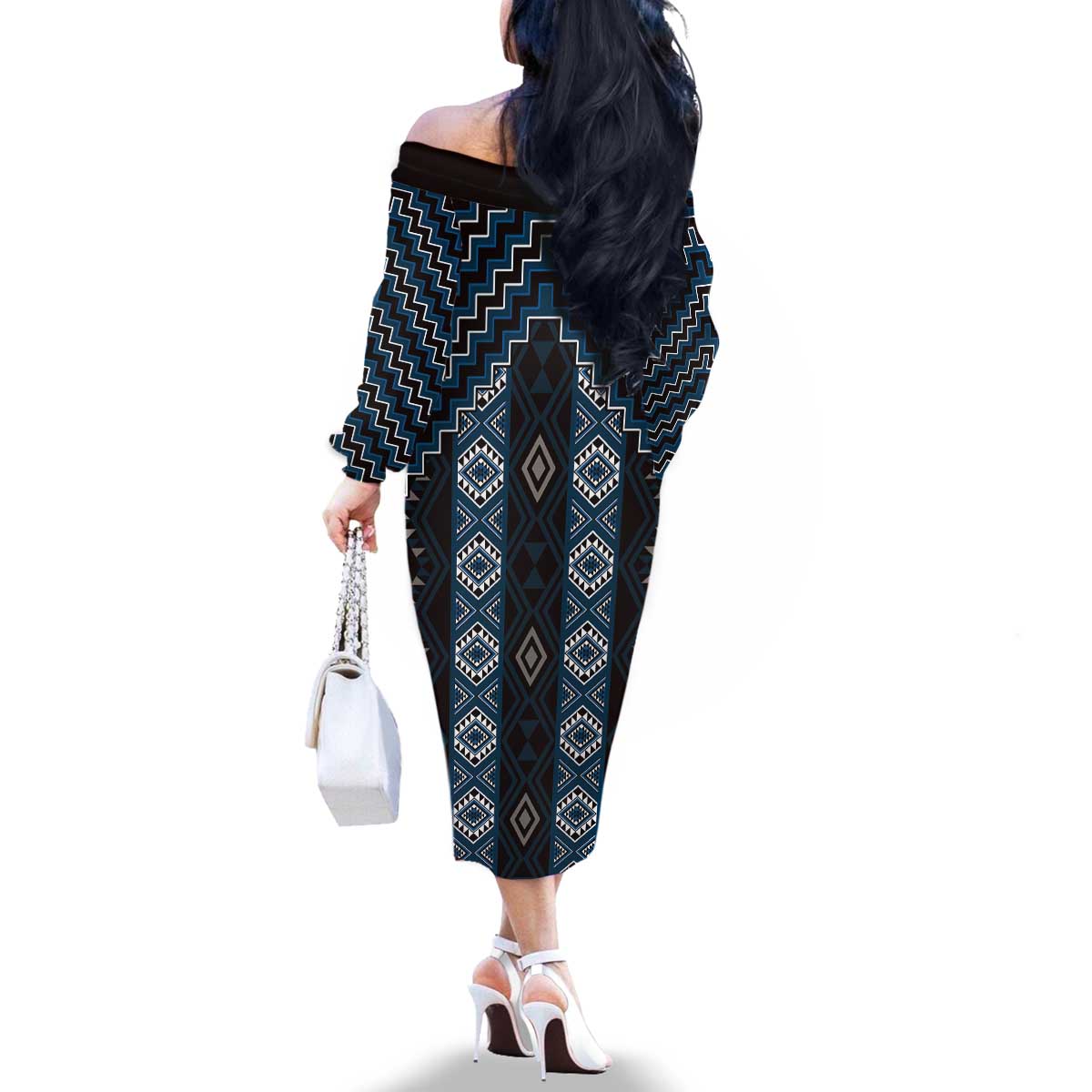 New Zealand Aotearoa Family Matching Off The Shoulder Long Sleeve Dress and Hawaiian Shirt Blue Poutama With Taniko Pattern LT05 - Polynesian Pride