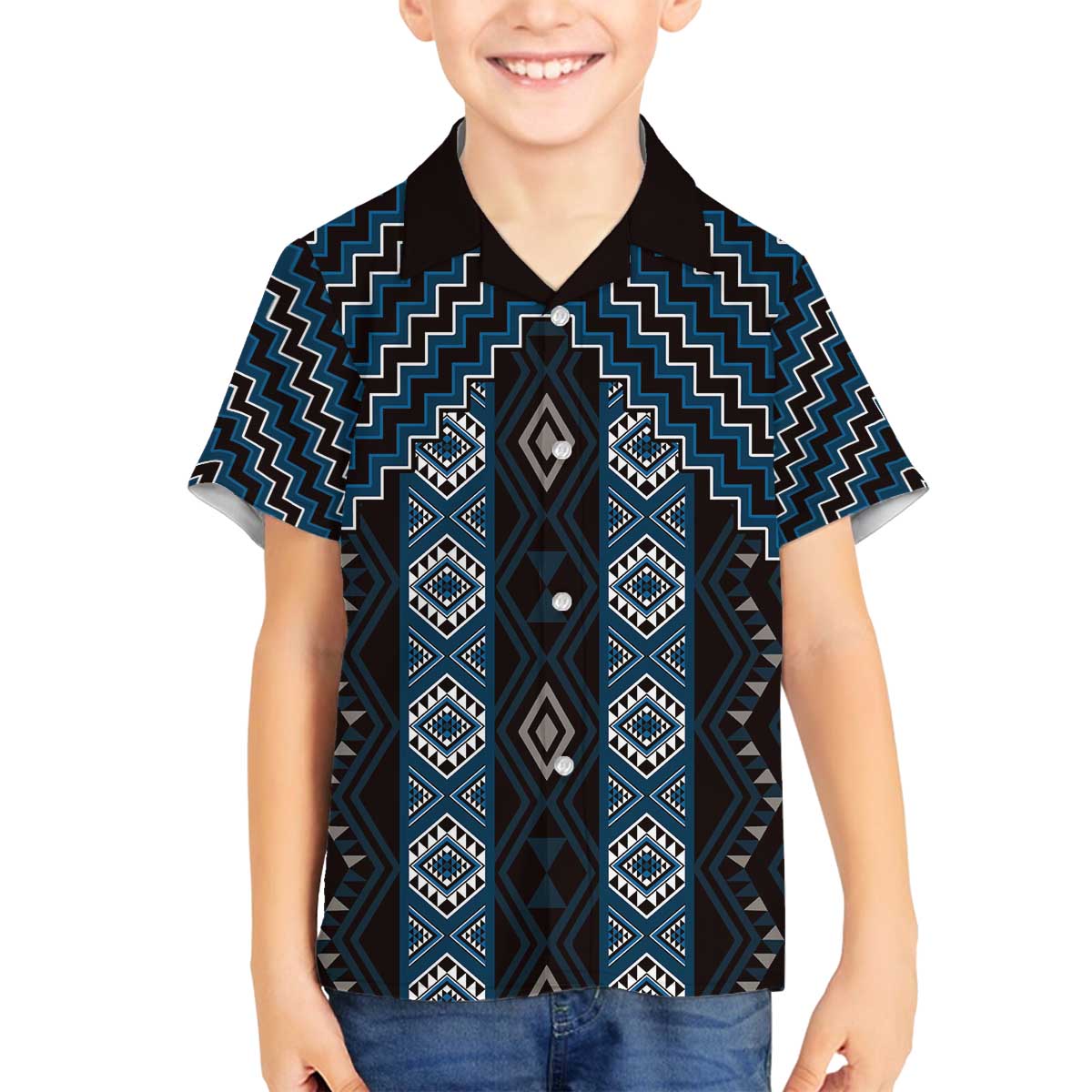 New Zealand Aotearoa Family Matching Off The Shoulder Long Sleeve Dress and Hawaiian Shirt Blue Poutama With Taniko Pattern LT05 Son's Shirt Blue - Polynesian Pride