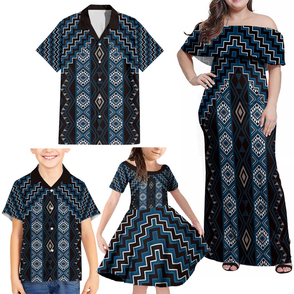 New Zealand Aotearoa Family Matching Off Shoulder Maxi Dress and Hawaiian Shirt Blue Poutama With Taniko Pattern LT05 - Polynesian Pride