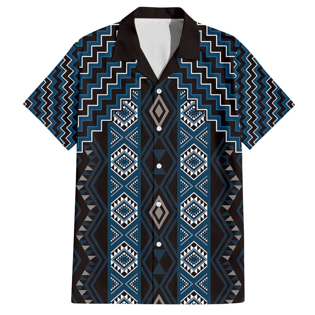 New Zealand Aotearoa Family Matching Off Shoulder Maxi Dress and Hawaiian Shirt Blue Poutama With Taniko Pattern LT05 Dad's Shirt - Short Sleeve Blue - Polynesian Pride