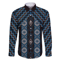 New Zealand Aotearoa Family Matching Off Shoulder Maxi Dress and Hawaiian Shirt Blue Poutama With Taniko Pattern LT05 Dad's Shirt - Long Sleeve Blue - Polynesian Pride