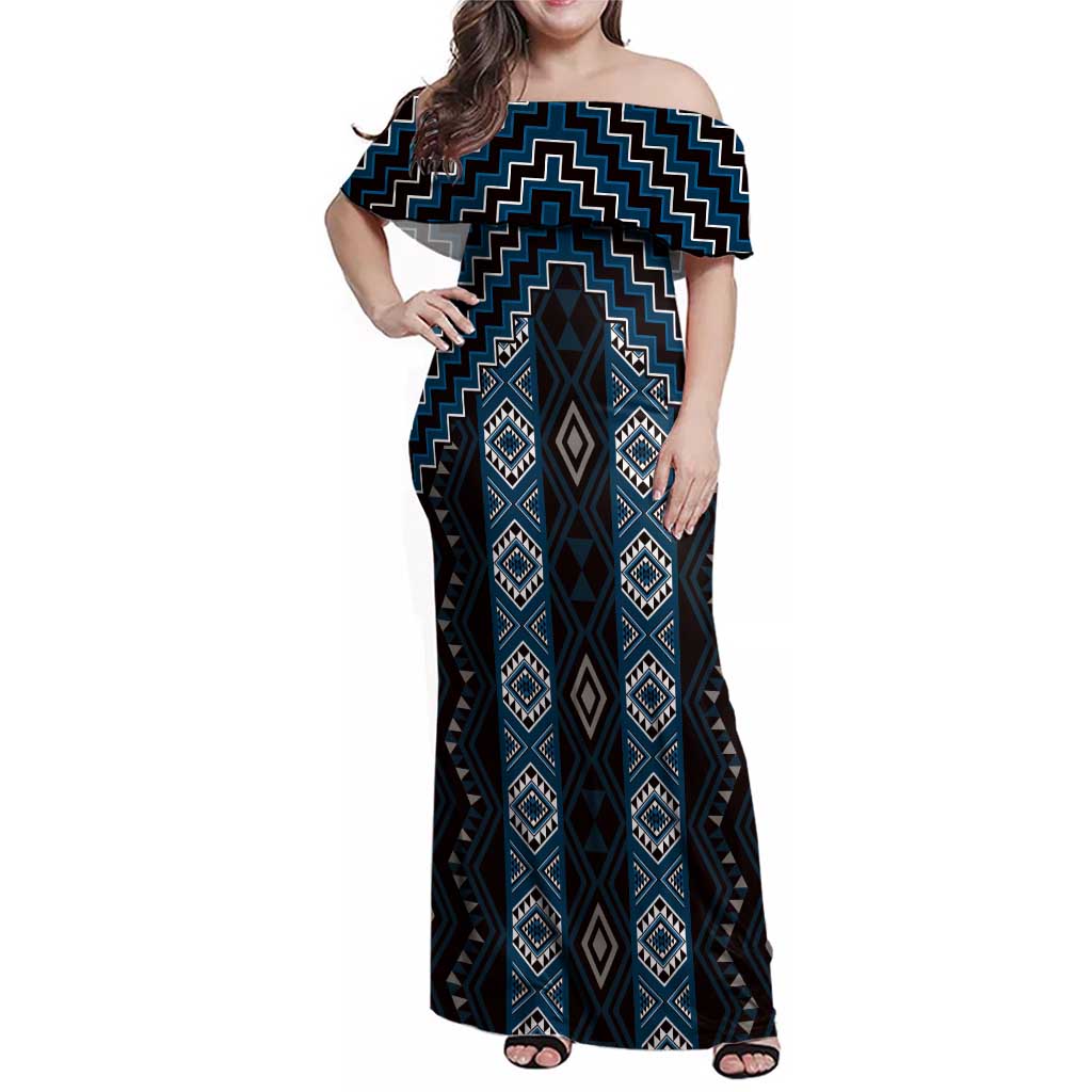 New Zealand Aotearoa Family Matching Off Shoulder Maxi Dress and Hawaiian Shirt Blue Poutama With Taniko Pattern LT05 Mom's Dress Blue - Polynesian Pride