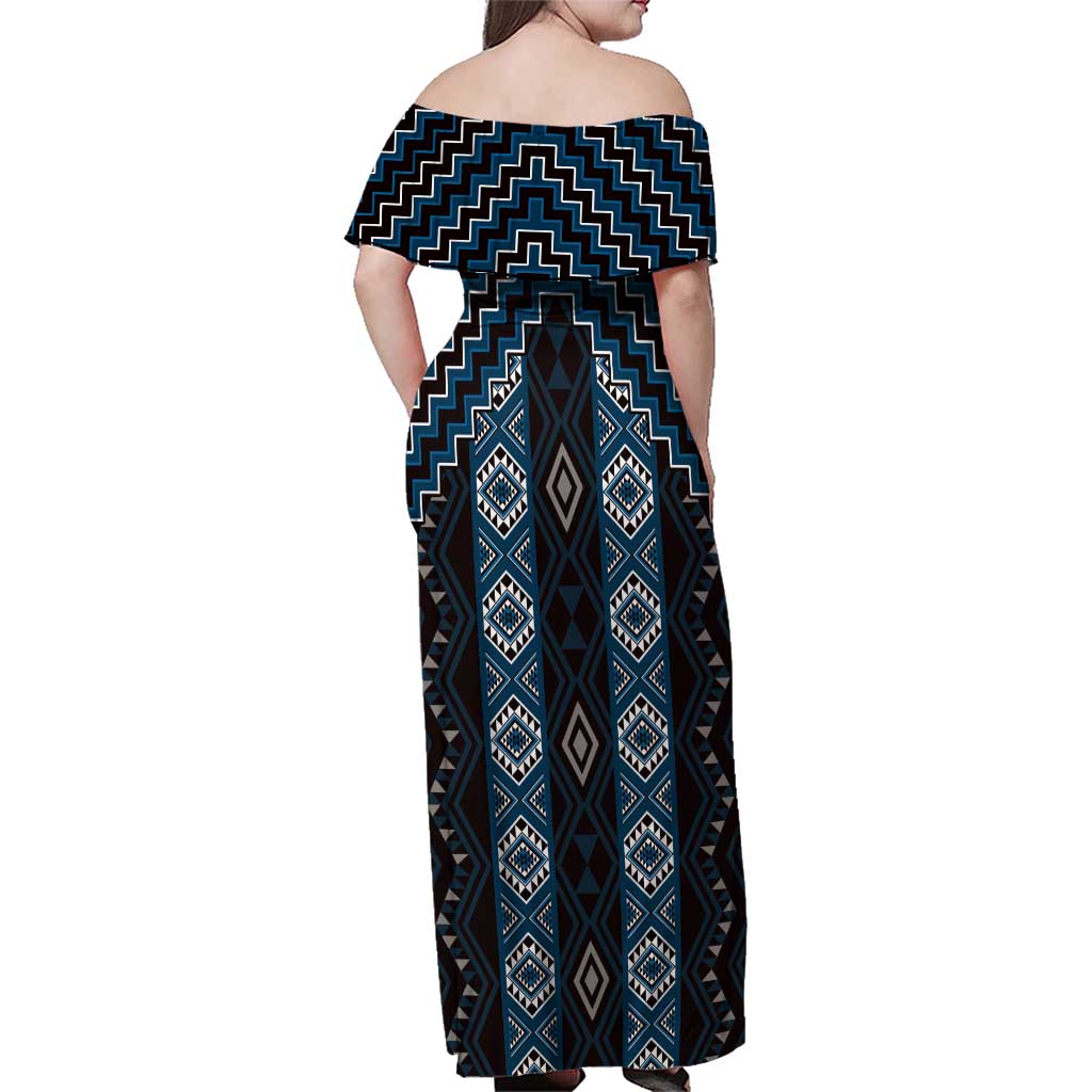 New Zealand Aotearoa Family Matching Off Shoulder Maxi Dress and Hawaiian Shirt Blue Poutama With Taniko Pattern LT05 - Polynesian Pride