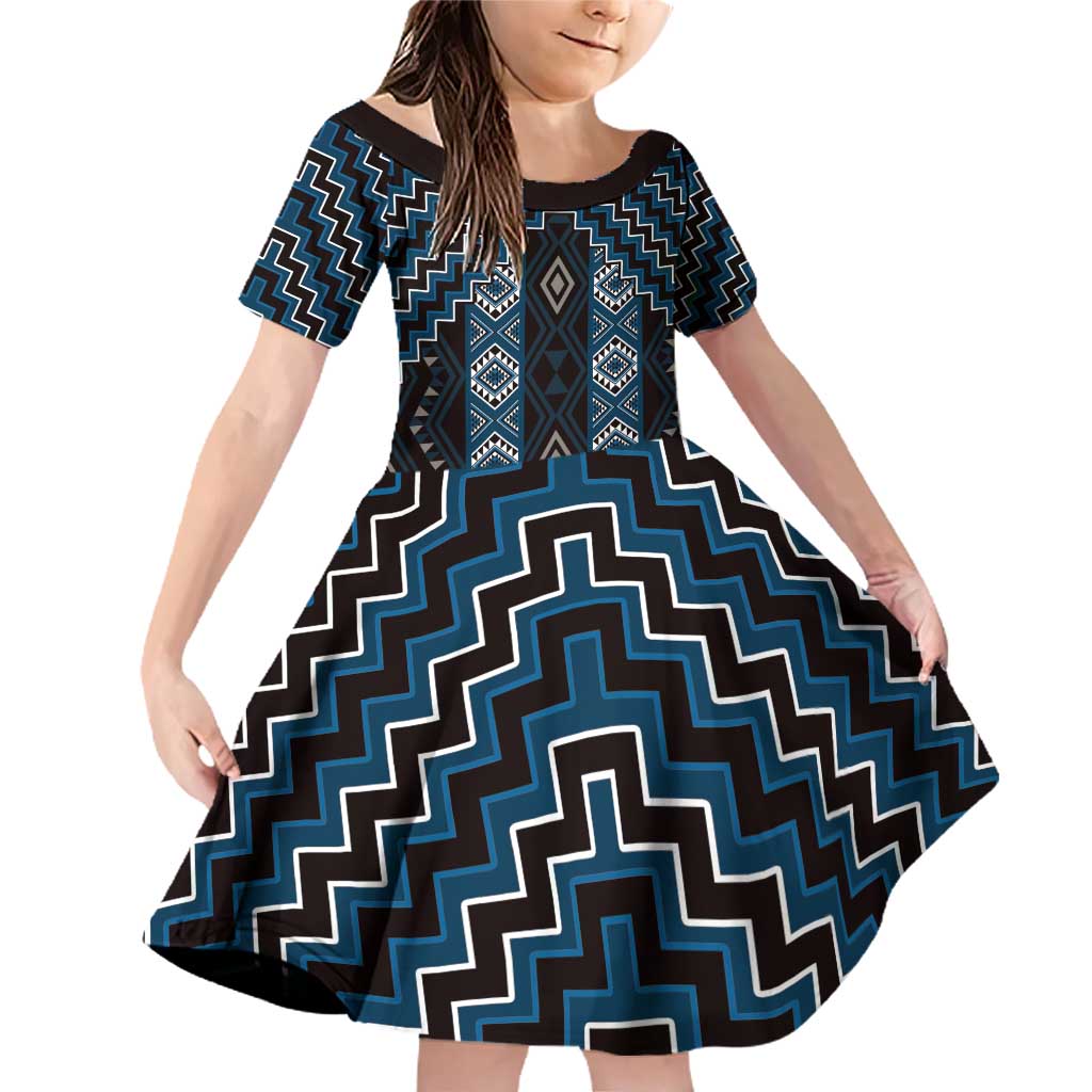 New Zealand Aotearoa Family Matching Off Shoulder Short Dress and Hawaiian Shirt Blue Poutama With Taniko Pattern LT05 Daughter's Dress Blue - Polynesian Pride