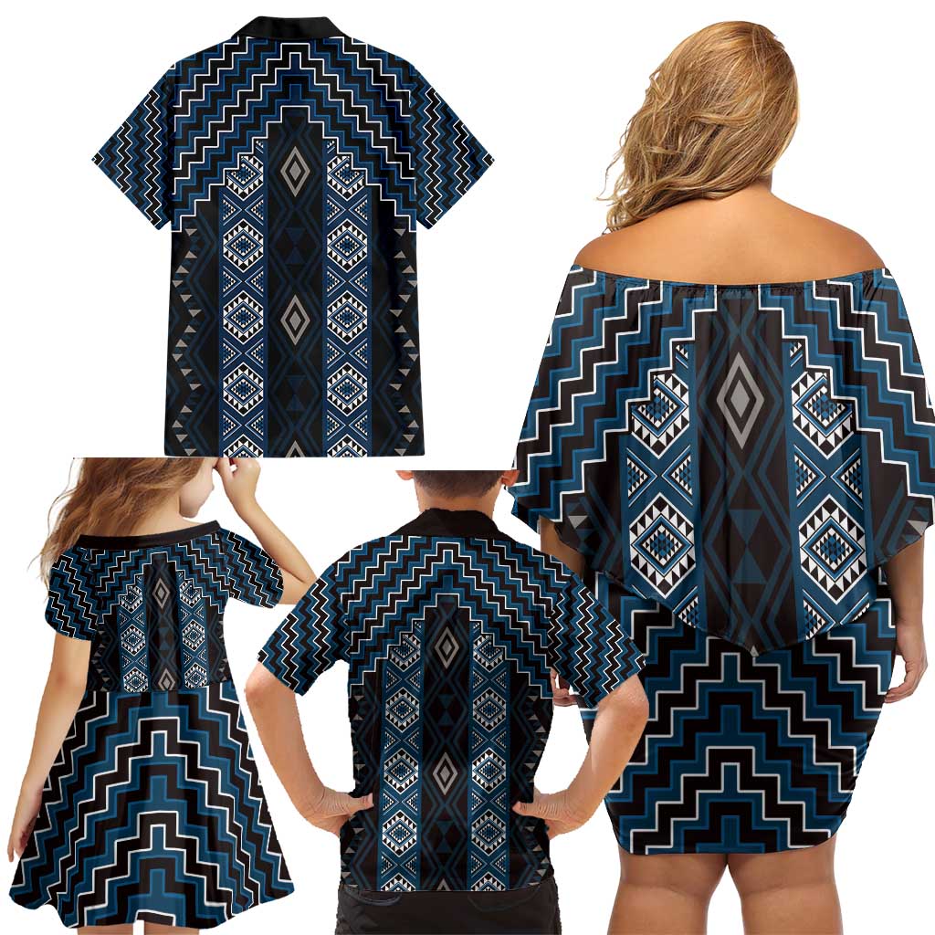 New Zealand Aotearoa Family Matching Off Shoulder Short Dress and Hawaiian Shirt Blue Poutama With Taniko Pattern LT05 - Polynesian Pride