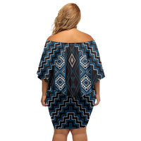 New Zealand Aotearoa Family Matching Off Shoulder Short Dress and Hawaiian Shirt Blue Poutama With Taniko Pattern LT05 - Polynesian Pride