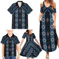 New Zealand Aotearoa Family Matching Summer Maxi Dress and Hawaiian Shirt Blue Poutama With Taniko Pattern LT05 - Polynesian Pride