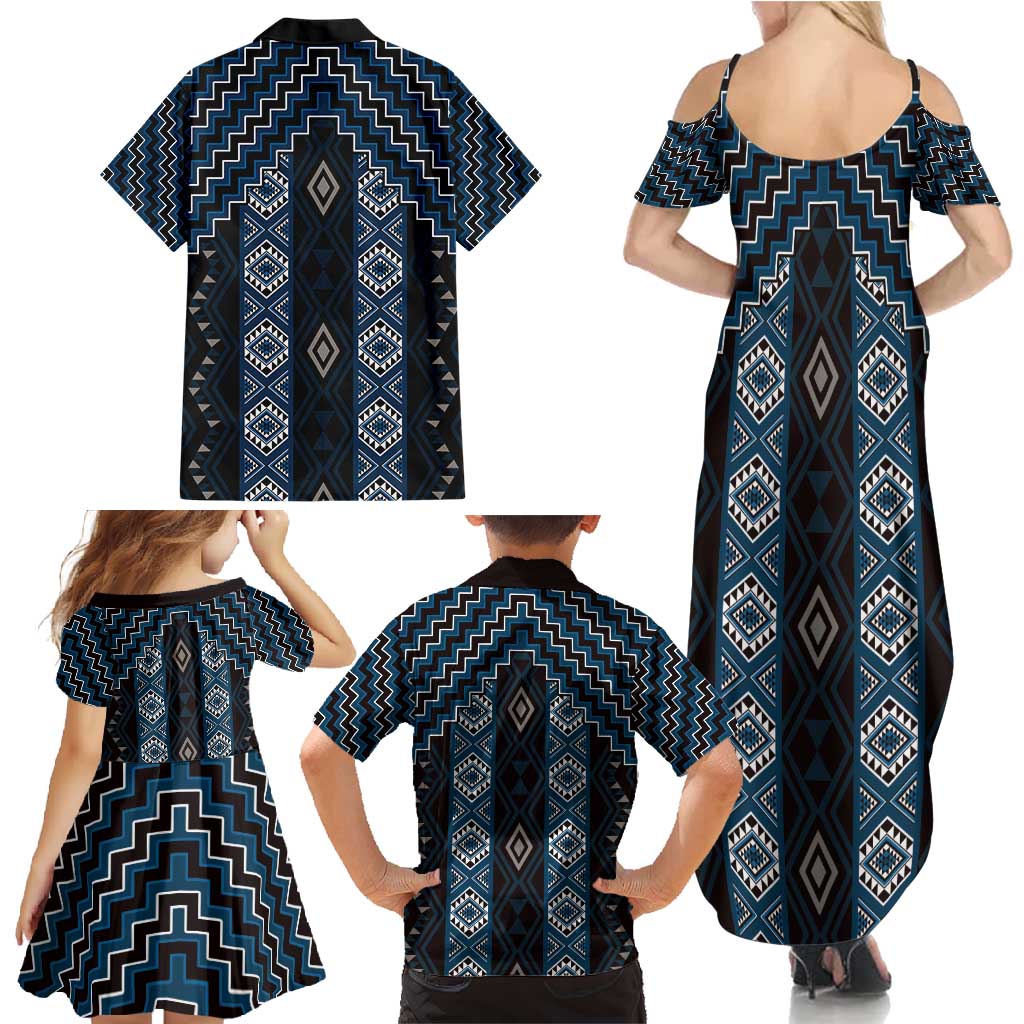 New Zealand Aotearoa Family Matching Summer Maxi Dress and Hawaiian Shirt Blue Poutama With Taniko Pattern LT05 - Polynesian Pride