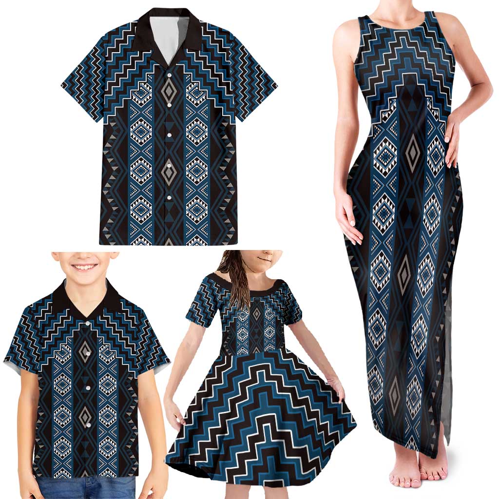 New Zealand Aotearoa Family Matching Tank Maxi Dress and Hawaiian Shirt Blue Poutama With Taniko Pattern LT05 - Polynesian Pride