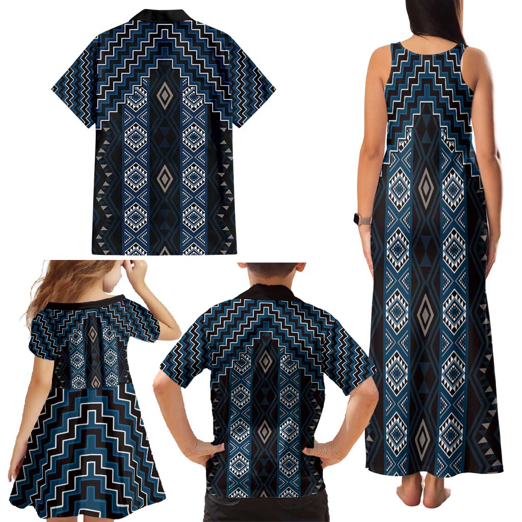 New Zealand Aotearoa Family Matching Tank Maxi Dress and Hawaiian Shirt Blue Poutama With Taniko Pattern LT05 - Polynesian Pride