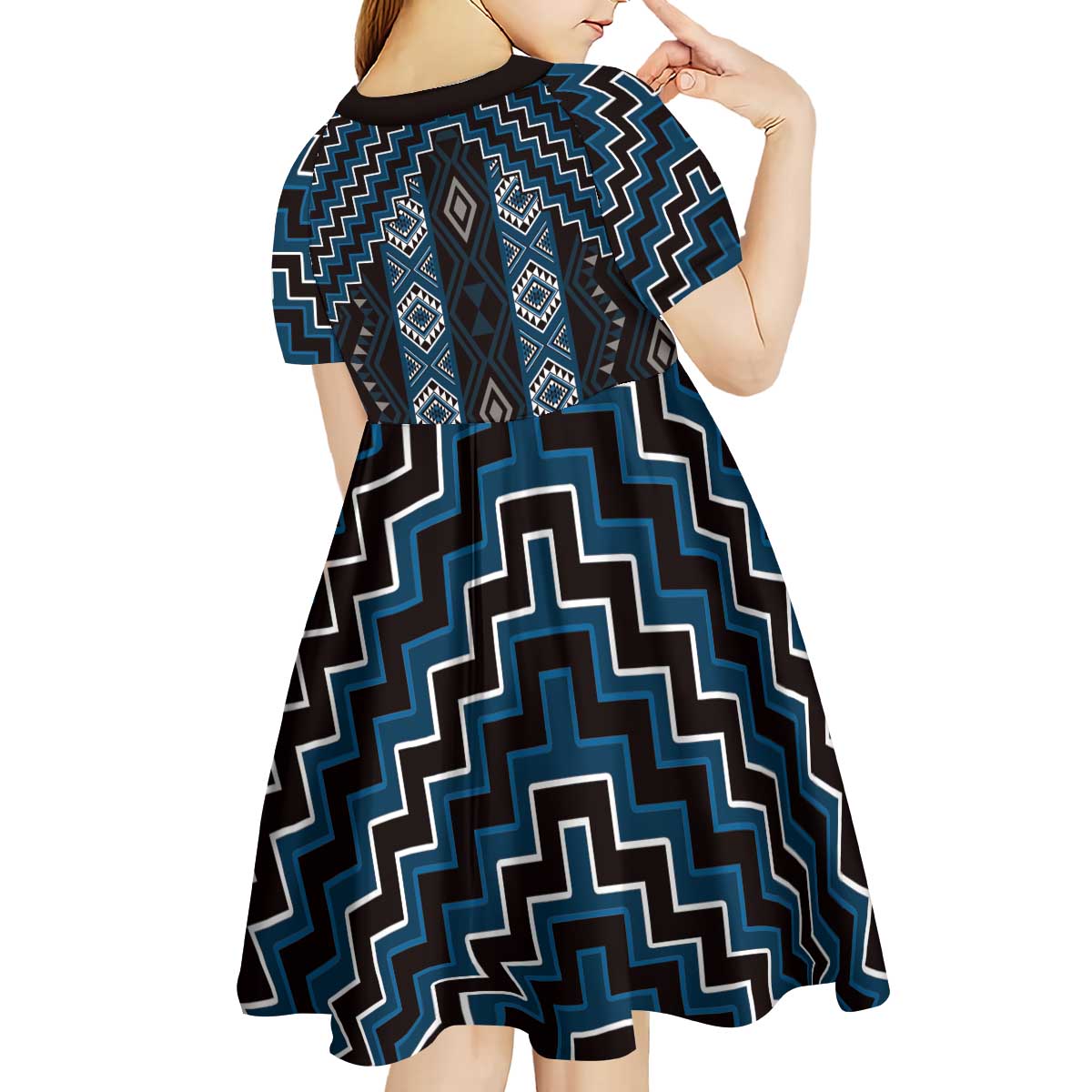 New Zealand Aotearoa Kid Short Sleeve Dress Blue Poutama With Taniko Pattern LT05
