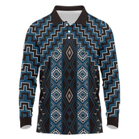 New Zealand Aotearoa Long Sleeve Polo Shirt Blue Poutama With Taniko Pattern LT05