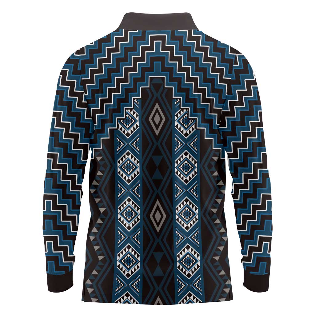 New Zealand Aotearoa Long Sleeve Polo Shirt Blue Poutama With Taniko Pattern LT05