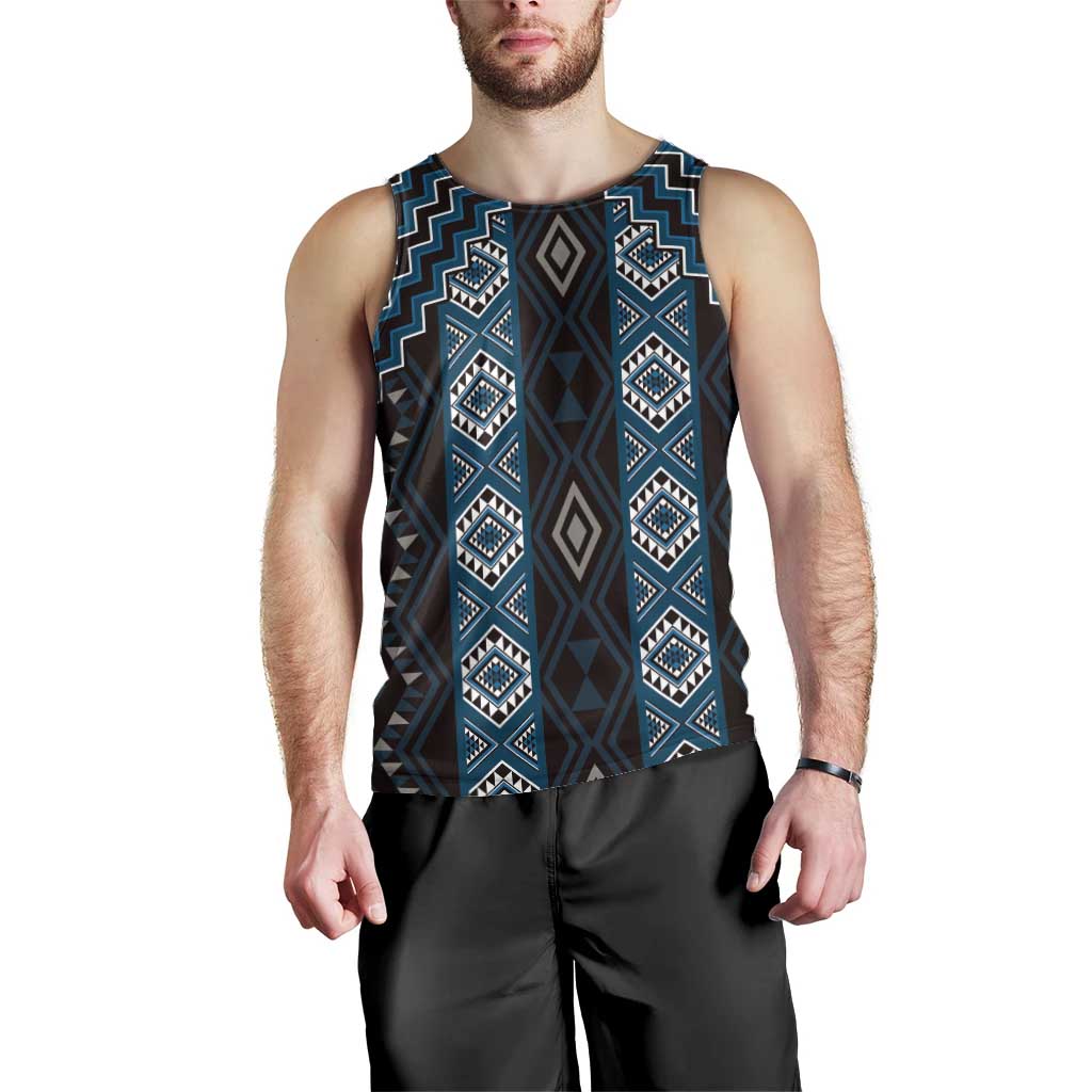 New Zealand Aotearoa Men Tank Top Blue Poutama With Taniko Pattern LT05