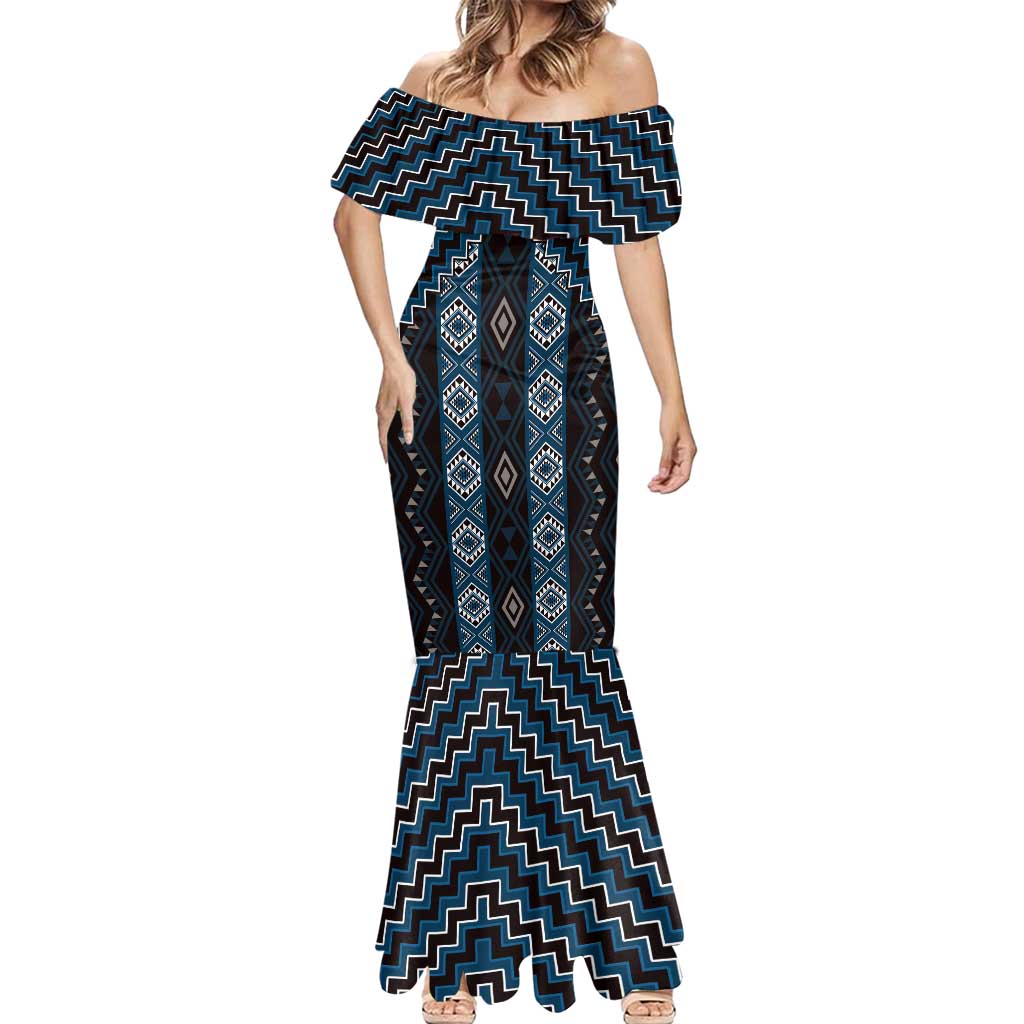 New Zealand Aotearoa Mermaid Dress Blue Poutama With Taniko Pattern LT05