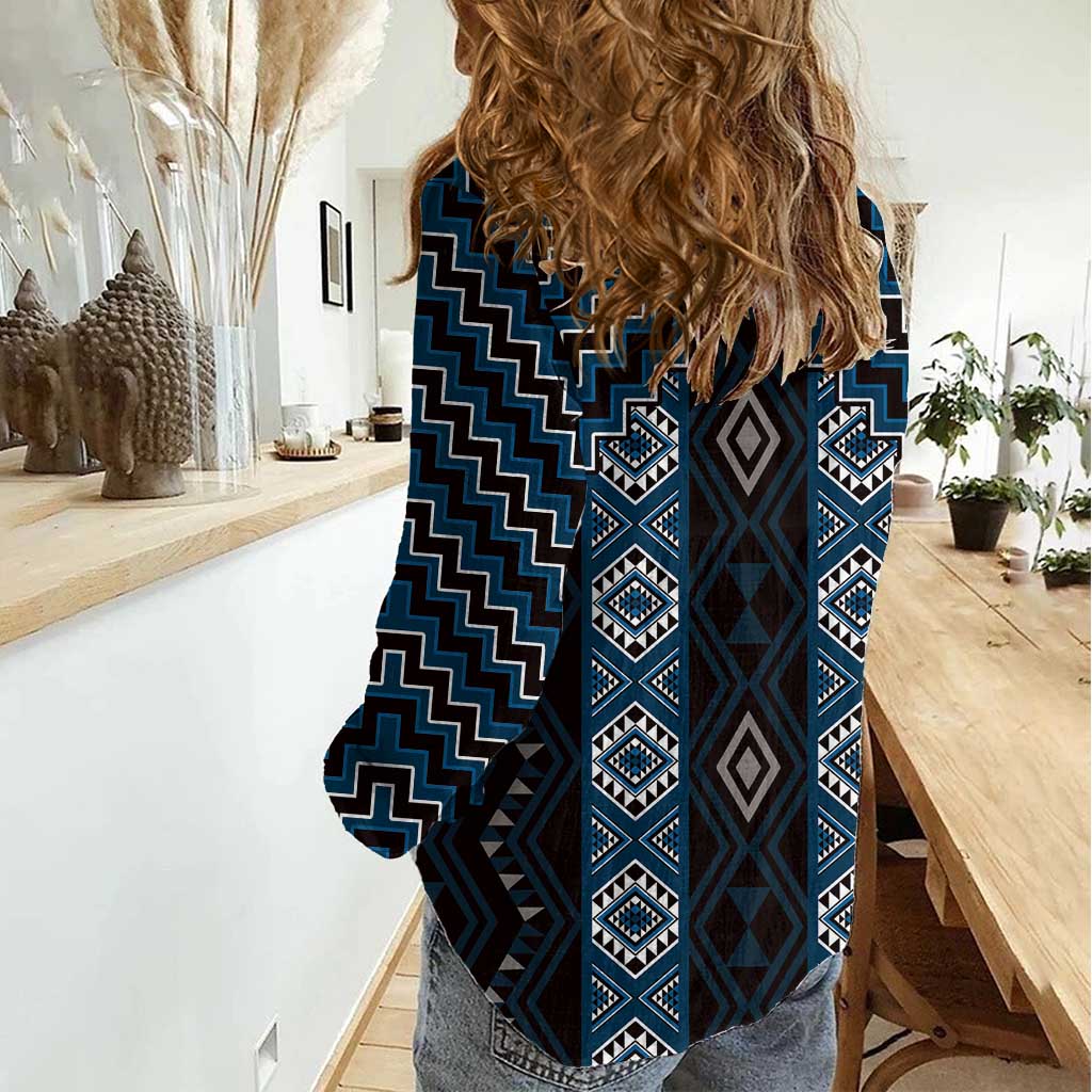 New Zealand Aotearoa Women Casual Shirt Blue Poutama With Taniko Pattern LT05