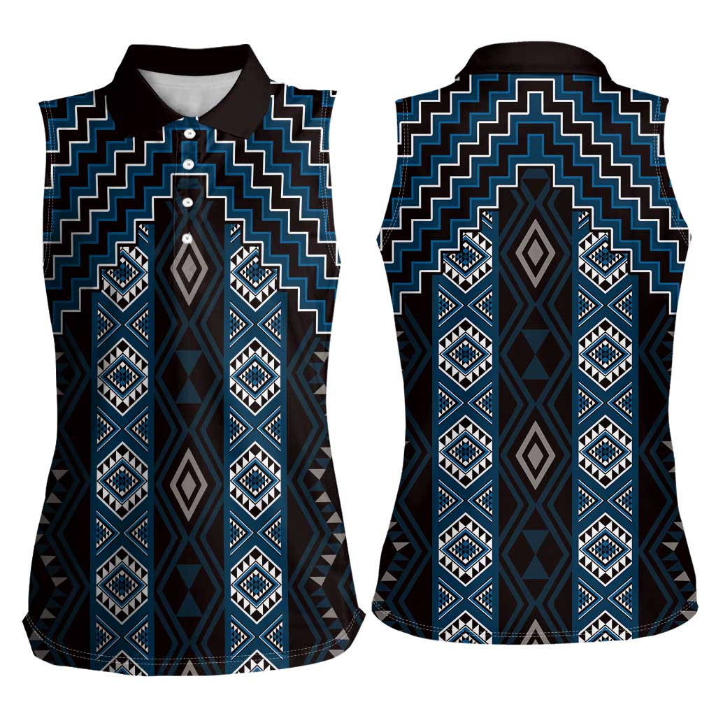 New Zealand Aotearoa Women Sleeveless Polo Shirt Blue Poutama With Taniko Pattern LT05