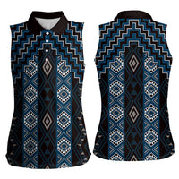 New Zealand Aotearoa Women Sleeveless Polo Shirt Blue Poutama With Taniko Pattern LT05