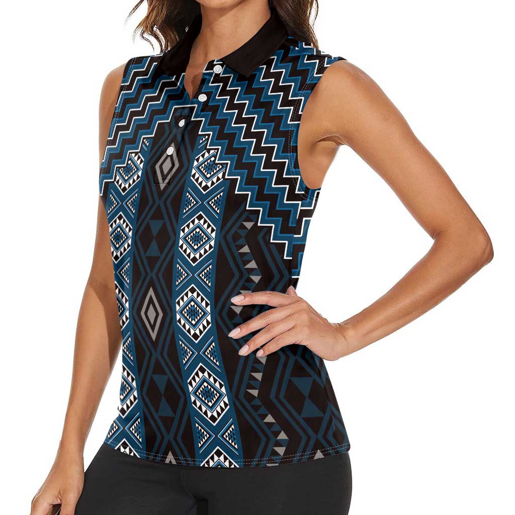 New Zealand Aotearoa Women Sleeveless Polo Shirt Blue Poutama With Taniko Pattern LT05