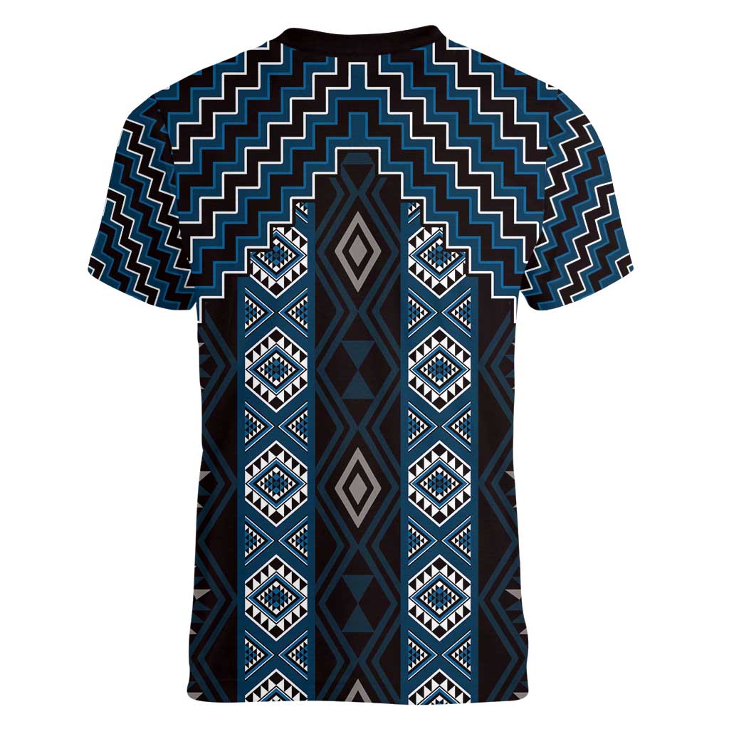 New Zealand Aotearoa Women V-Neck T-Shirt Blue Poutama With Taniko Pattern LT05