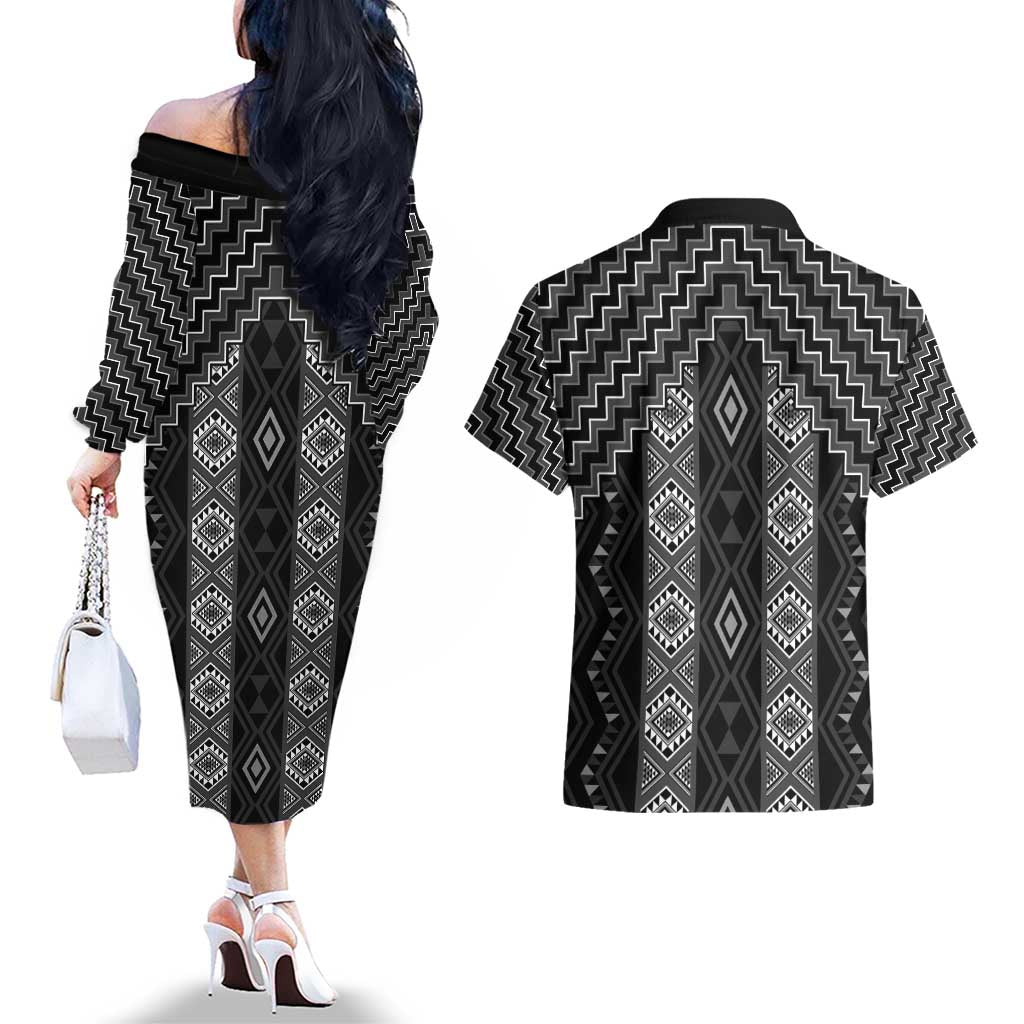 New Zealand Aotearoa Couples Matching Off The Shoulder Long Sleeve Dress and Hawaiian Shirt Black Poutama With Taniko Pattern LT05 - Polynesian Pride
