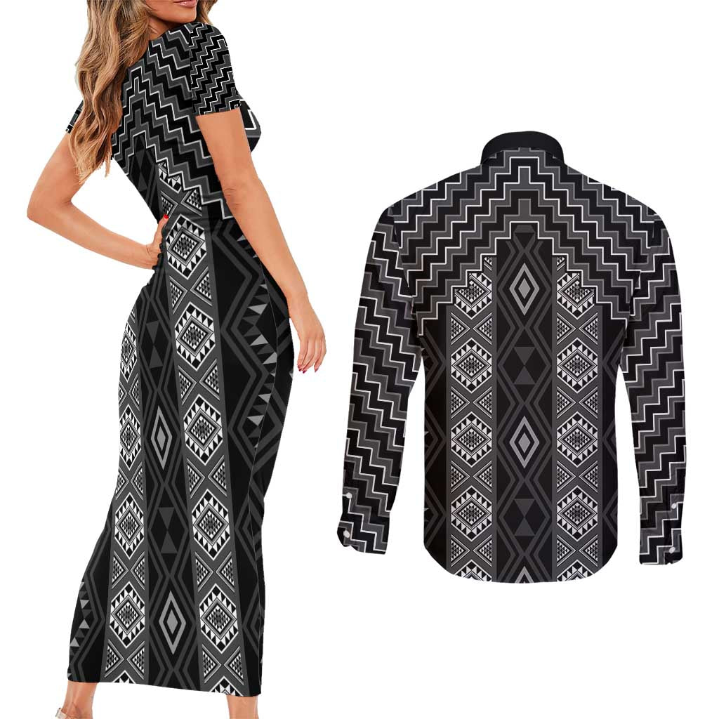New Zealand Aotearoa Couples Matching Short Sleeve Bodycon Dress and Long Sleeve Button Shirt Black Poutama With Taniko Pattern LT05