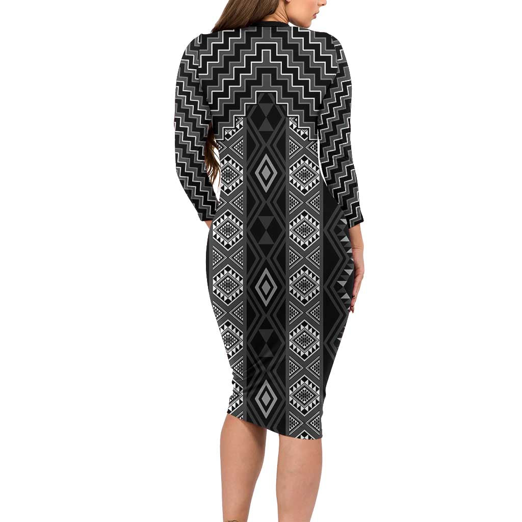 New Zealand Aotearoa Family Matching Long Sleeve Bodycon Dress and Hawaiian Shirt Black Poutama With Taniko Pattern LT05 - Polynesian Pride